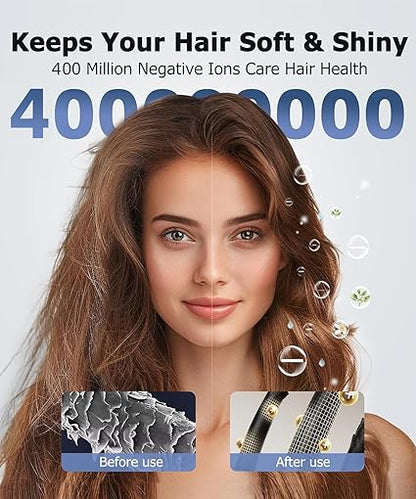 Hair Dryer Blow Dryer 400 Million Negative Ionic Professional Hairdryer 140,000 RPM High Speed Brushless Motor 1400W Low Noise Thermo-Control Fast Drying HD Display Styling Nozzle Lightweight (Space Blue With Grey)