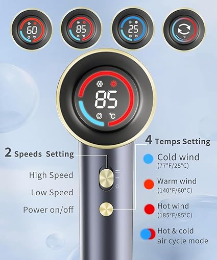 Hair Dryer Blow Dryer 400 Million Negative Ionic Professional Hairdryer 140,000 RPM High Speed Brushless Motor 1400W Low Noise Thermo-Control Fast Drying HD Display Styling Nozzle Lightweight (Space Blue With Grey)