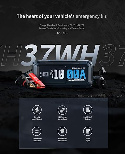 1000A Car Battery Jump Starter, Portable 12V Battery Booster Pack for 5.0L Gas and 3.5L Diesel Engines with Smart Jumper Cables, 3-in-1 LED Emergency Light, and Safety Protection