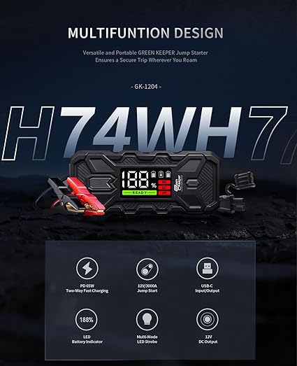 Jump Starter Battery Pack 3000A: 12V Car Battery Booster for 8.0L Gas/Diesel Engines, Force Start Car Battery Jumper with PD65W Fast Charge Powerbank, Safety Smart Jumper Cable, Emergency LED Lights