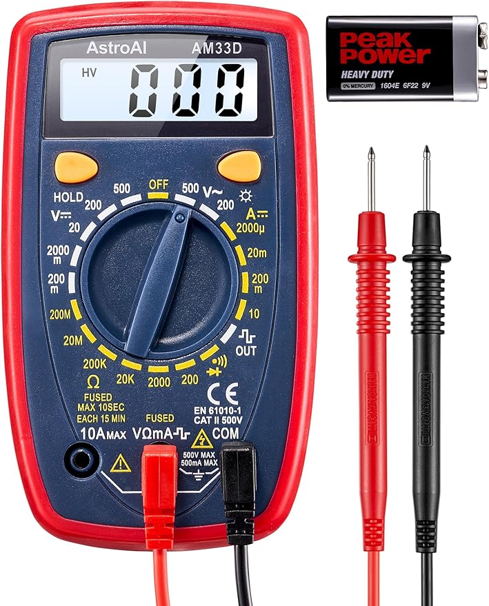AstroAl Digital Multimeter 2000, Multimeter Tester with Volt Amp Ohm, Multi Meter Measures Voltage, Current, Resistance, Continuity and Diode, Electrical Tester with Test Leads, Backlight LCD Display