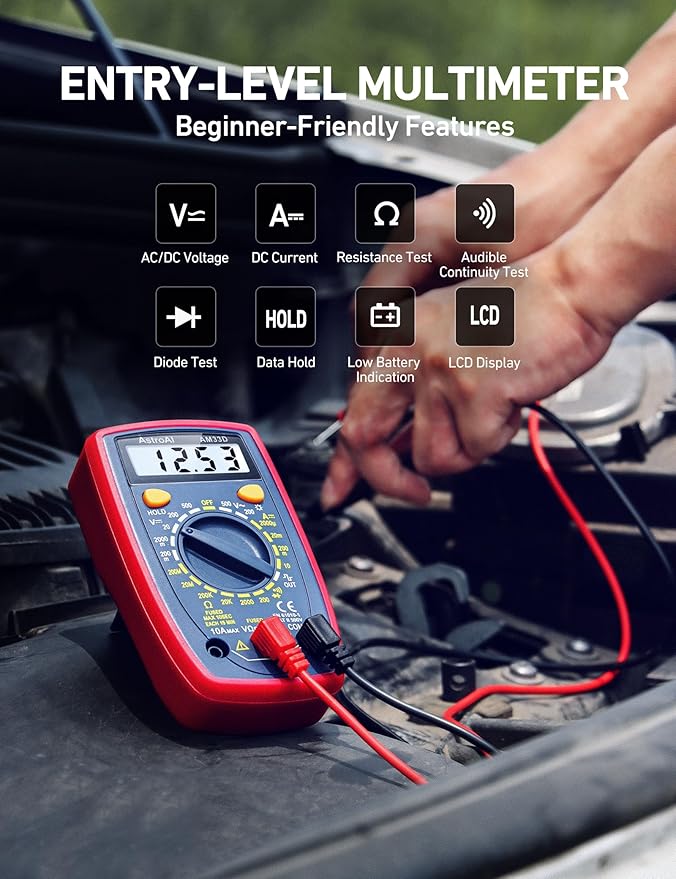 AstroAl Digital Multimeter 2000, Multimeter Tester with Volt Amp Ohm, Multi Meter Measures Voltage, Current, Resistance, Continuity and Diode, Electrical Tester with Test Leads, Backlight LCD Display
