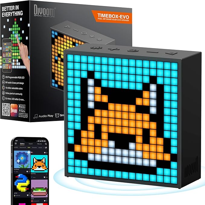 Divoom TimeBox Evo - Pixel Art Bluetooth Speaker with 16x16 LED Display APP Control - Cool Animation Frame & Gaming Room Setup & Bedside Alarm Clock- Black