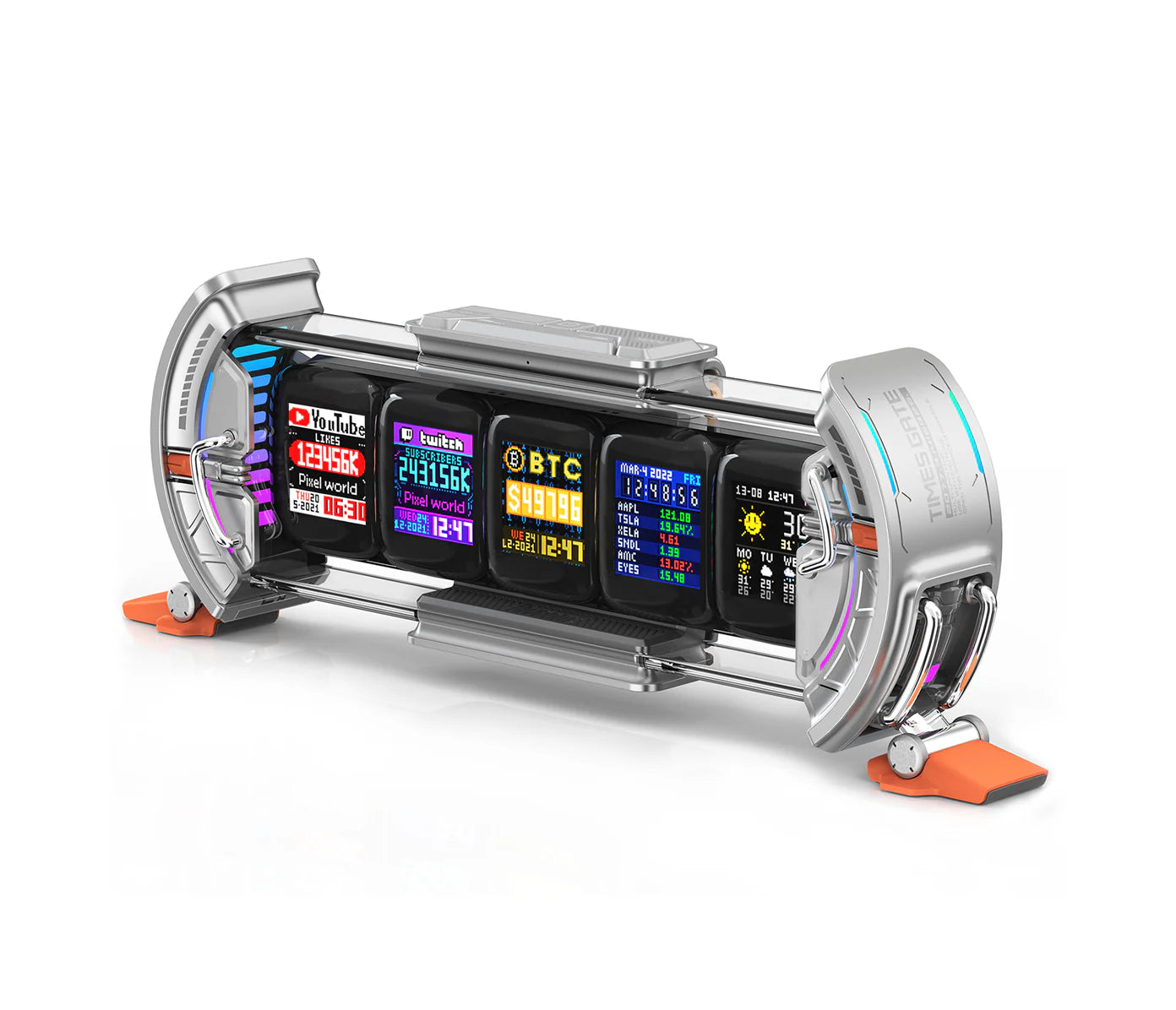 Divoom Times Gate - Cyberpunk Gaming Setup Digital Alarm Clock, Smart APP, WiFi Connect, RGB LED Display, Personalized Financial & Bitcoin Dashboard, Pixel Art for Gaming Room & Office Decor, Silver