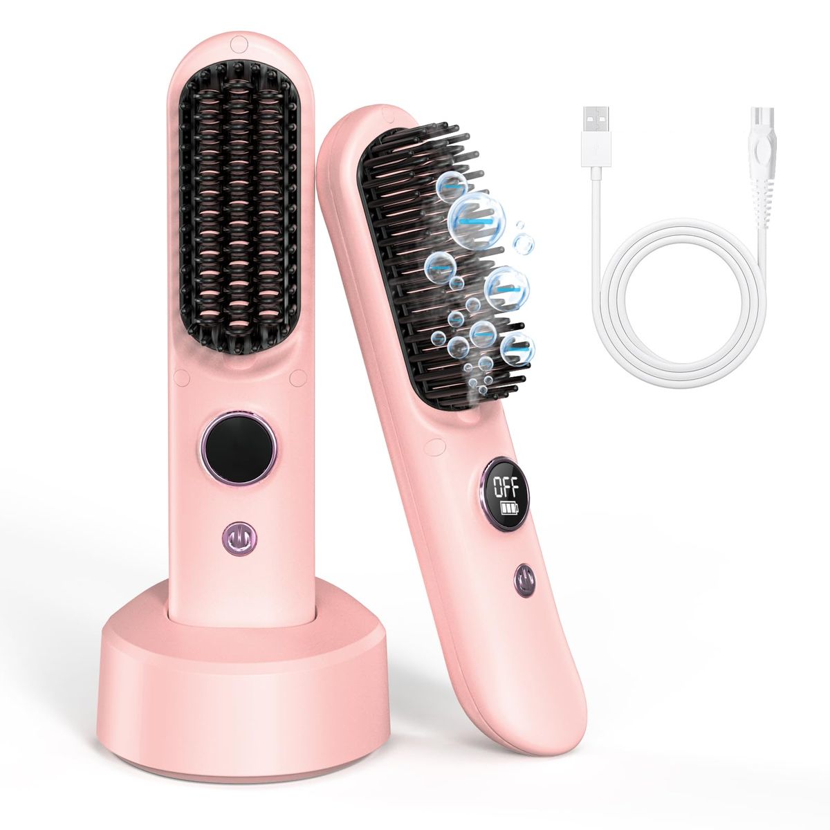 Zirzoe Cordless Heated Hair Brush, Hair Straightening brush, 8400mAh rechargeable,Pink