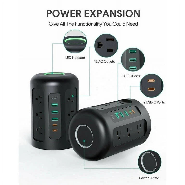 AUKEY powerhub XL 12 AC outlets with 3 USB ports + 2 type-C ports